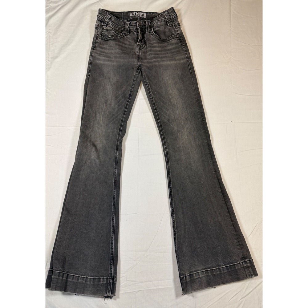 Rock and Roll Cowgirl Trouser Jeans 24x34 Faded Black Wide Leg Flare Raw Hem